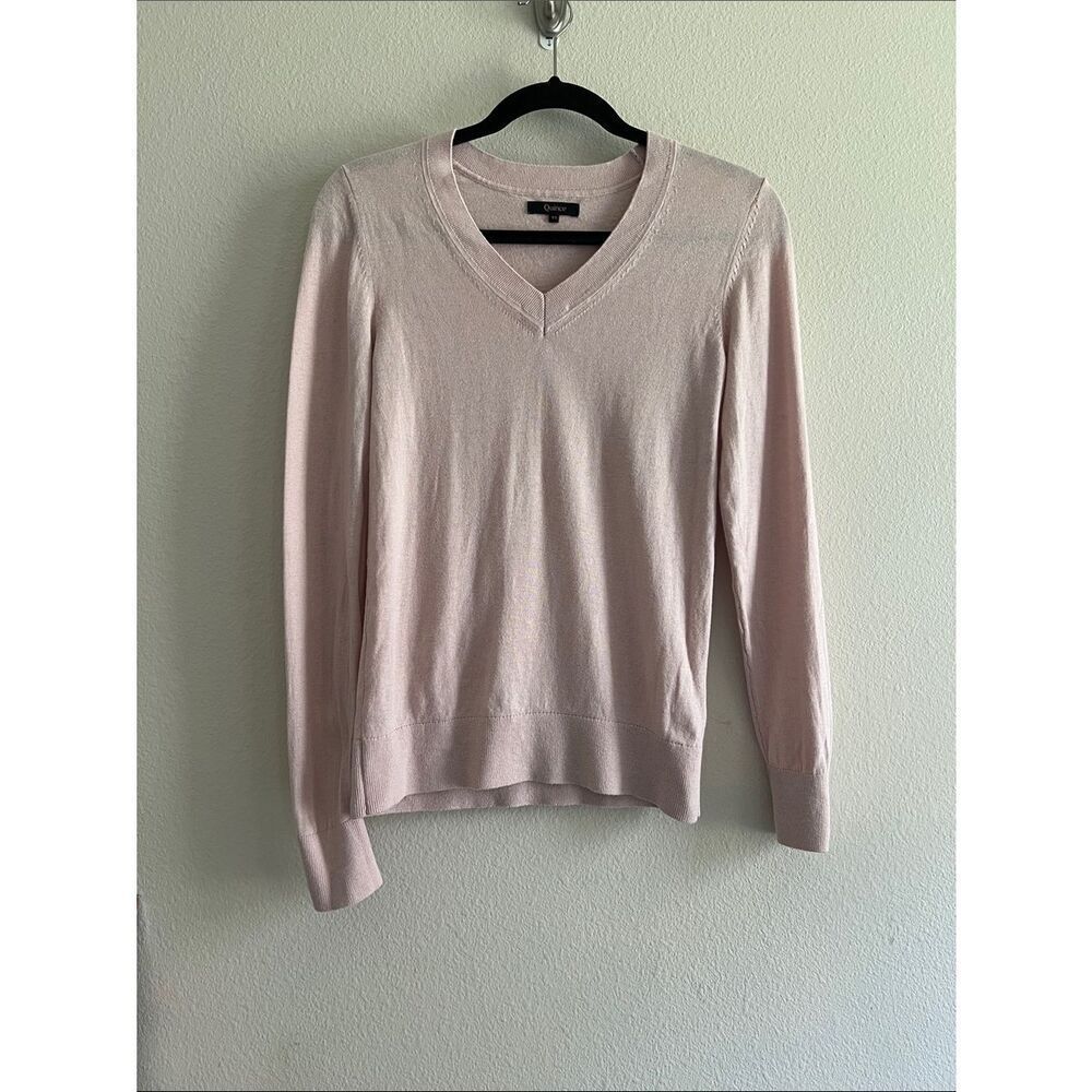 Quince Lightweight Cotton Cashmere V-Neck Sweater Pink Long Sleeve Women’s XS